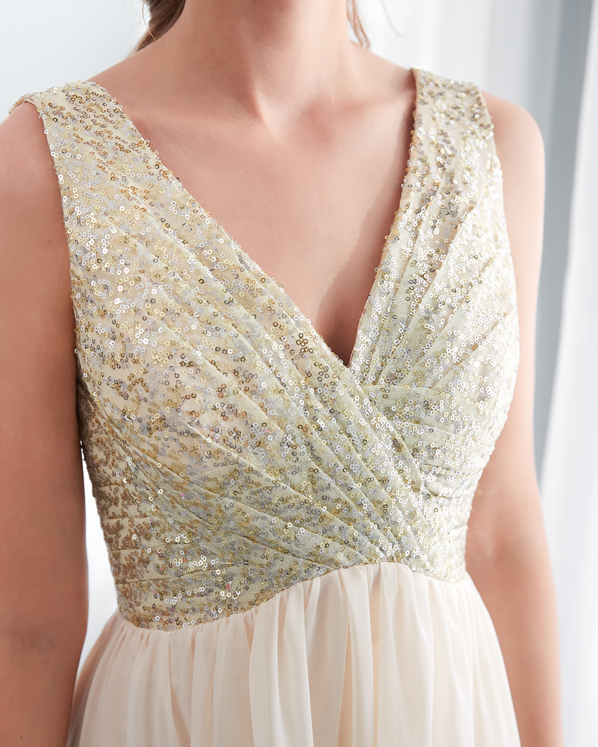 7-Day Dispatch V-Neck Sleeveless Champagne Sequin Bodice Tulle Long Evening Gown Deep V-Back A-Line Prom Dress