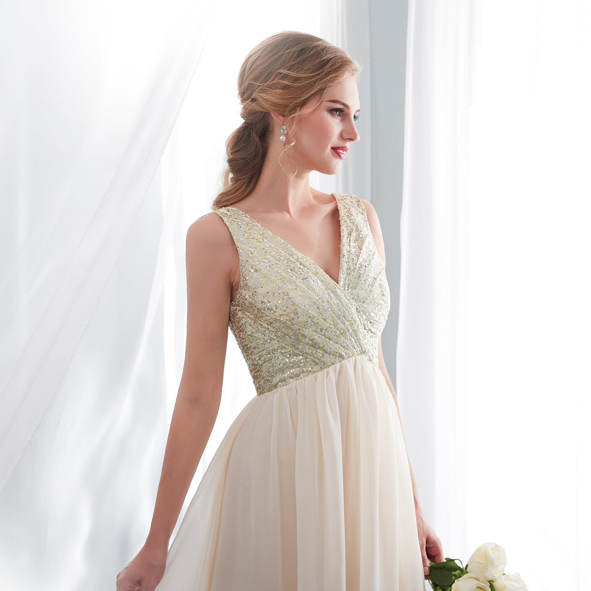 7-Day Dispatch V-Neck Sleeveless Champagne Sequin Bodice Tulle Long Evening Gown Deep V-Back A-Line Prom Dress