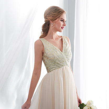 7-Day Dispatch V-Neck Sleeveless Champagne Sequin Bodice Tulle Long Evening Gown Deep V-Back A-Line Prom Dress