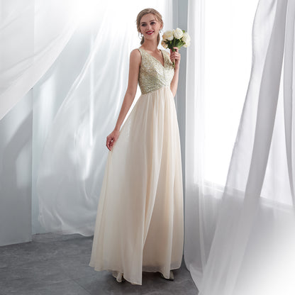 7-Day Dispatch V-Neck Sleeveless Champagne Sequin Bodice Tulle Long Evening Gown Deep V-Back A-Line Prom Dress