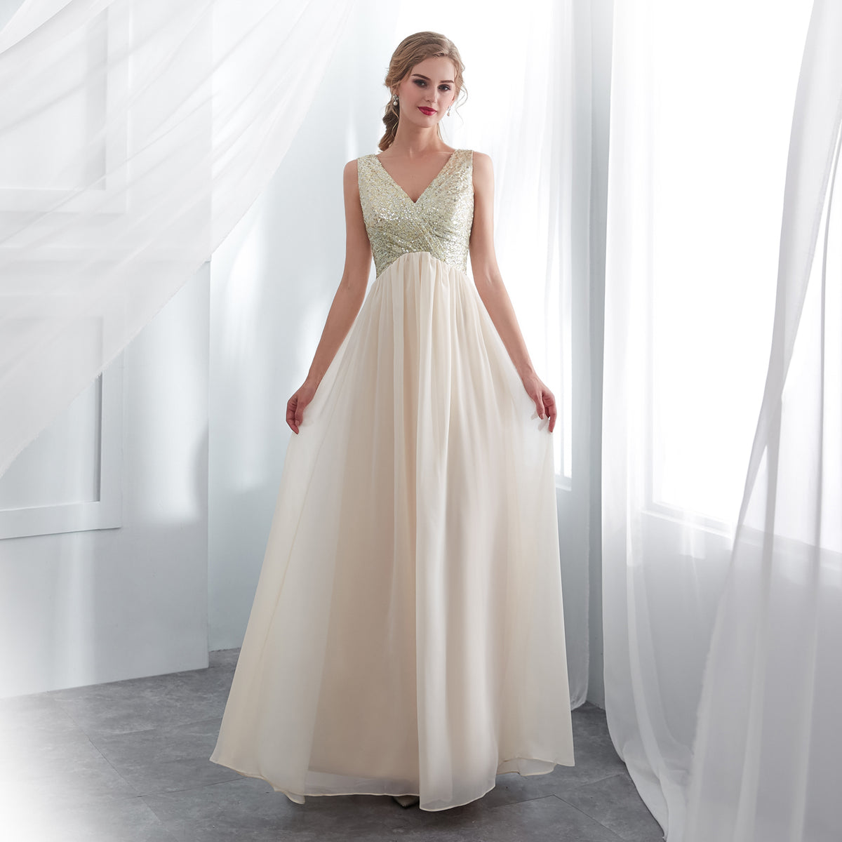 7-Day Dispatch V-Neck Sleeveless Champagne Sequin Bodice Tulle Long Evening Gown Deep V-Back A-Line Prom Dress