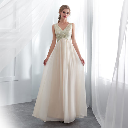 7-Day Dispatch V-Neck Sleeveless Champagne Sequin Bodice Tulle Long Evening Gown Deep V-Back A-Line Prom Dress