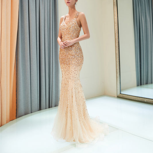 7-Day Dispatch V-Neck Sleeveless Heavy Sequin Beaded Mermaid Gown Two Colors (Champagne & Dark Grey) Sheer Tulle Train Evening Dress