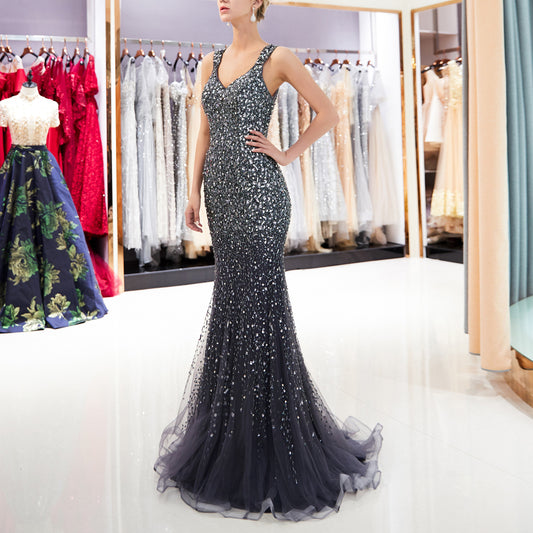 7-Day Dispatch V-Neck Sleeveless Heavy Sequin Beaded Mermaid Gown Two Colors (Champagne & Dark Grey) Sheer Tulle Train Evening Dress