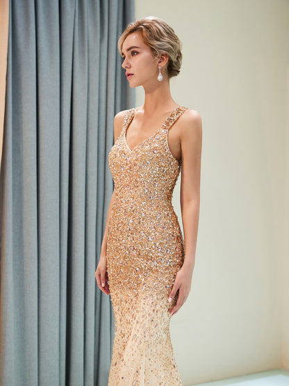 7-Day Dispatch V-Neck Sleeveless Heavy Sequin Beaded Mermaid Gown Two Colors (Champagne & Dark Grey) Sheer Tulle Train Evening Dress