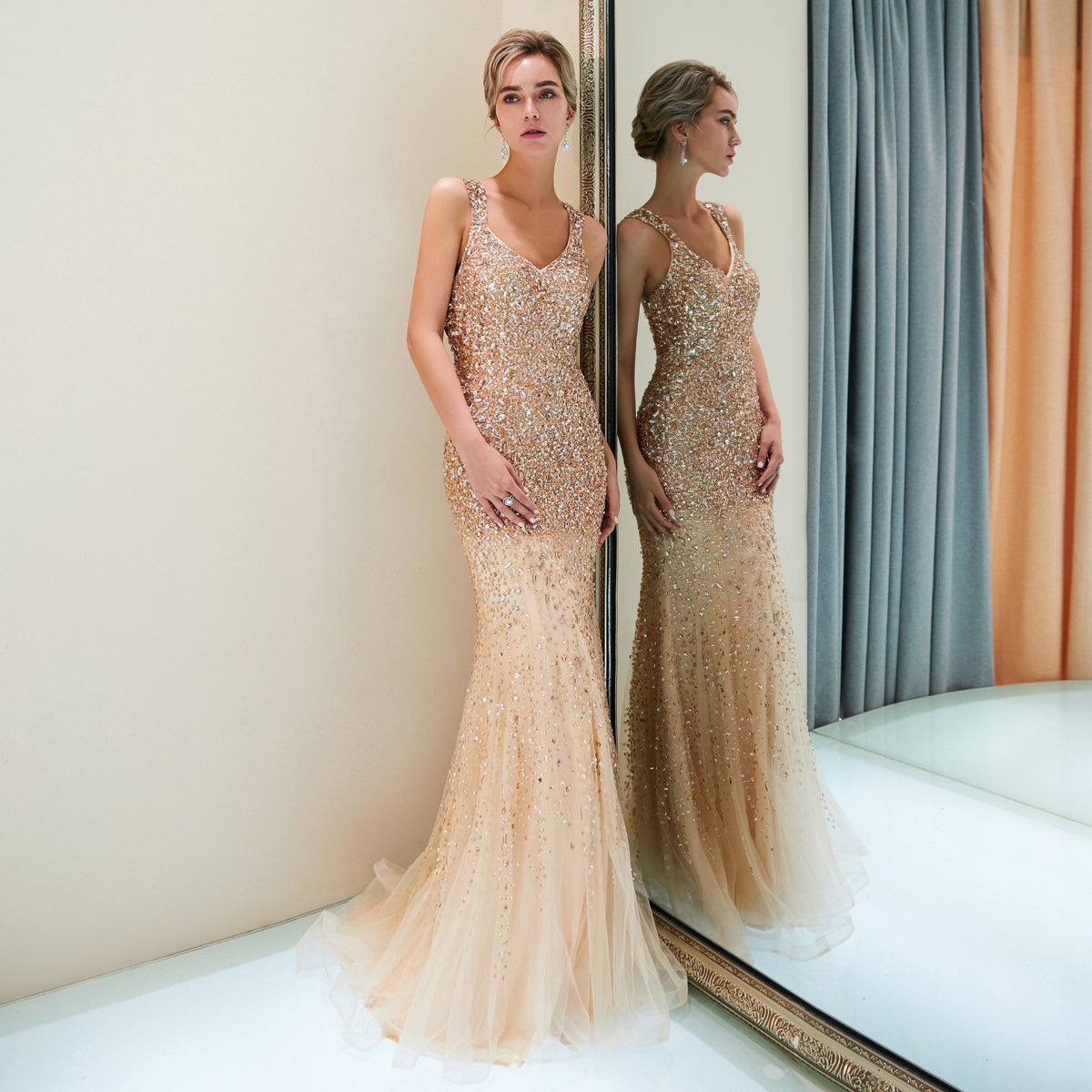 7-Day Dispatch V-Neck Sleeveless Heavy Sequin Beaded Mermaid Gown Two Colors (Champagne & Dark Grey) Sheer Tulle Train Evening Dress