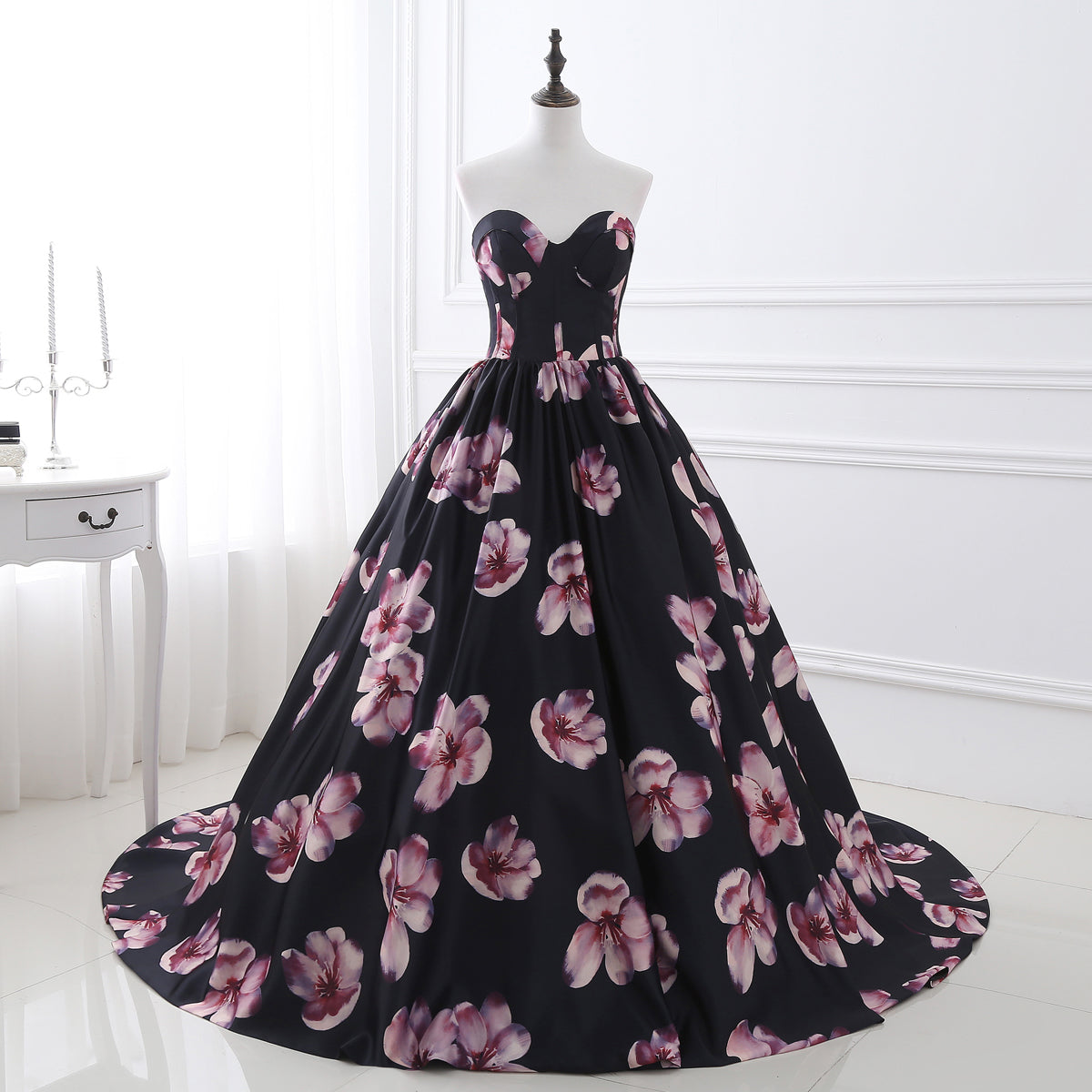 72-Hour Dispatch Black Satin Floral Strapless Ball Gown Lace-up Prom Dress