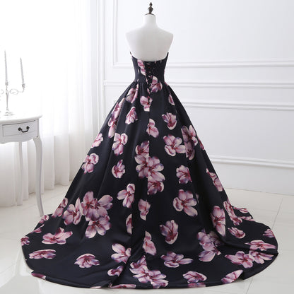 72-Hour Dispatch Black Satin Floral Strapless Ball Gown Lace-up Prom Dress