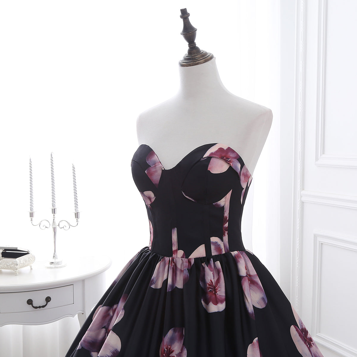 72-Hour Dispatch Black Satin Floral Strapless Ball Gown Lace-up Prom Dress
