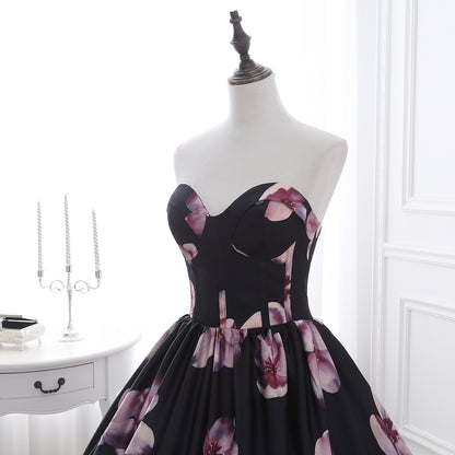 72-Hour Dispatch Black Satin Floral Strapless Ball Gown Lace-up Prom Dress