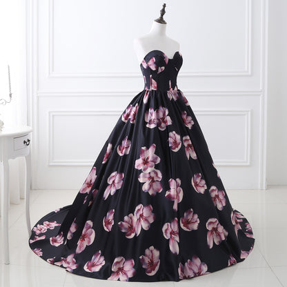 72-Hour Dispatch Black Satin Floral Strapless Ball Gown Lace-up Prom Dress