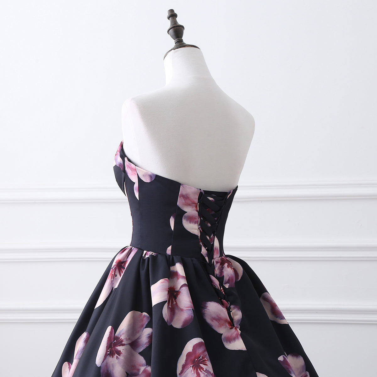 72-Hour Dispatch Black Satin Floral Strapless Ball Gown Lace-up Prom Dress
