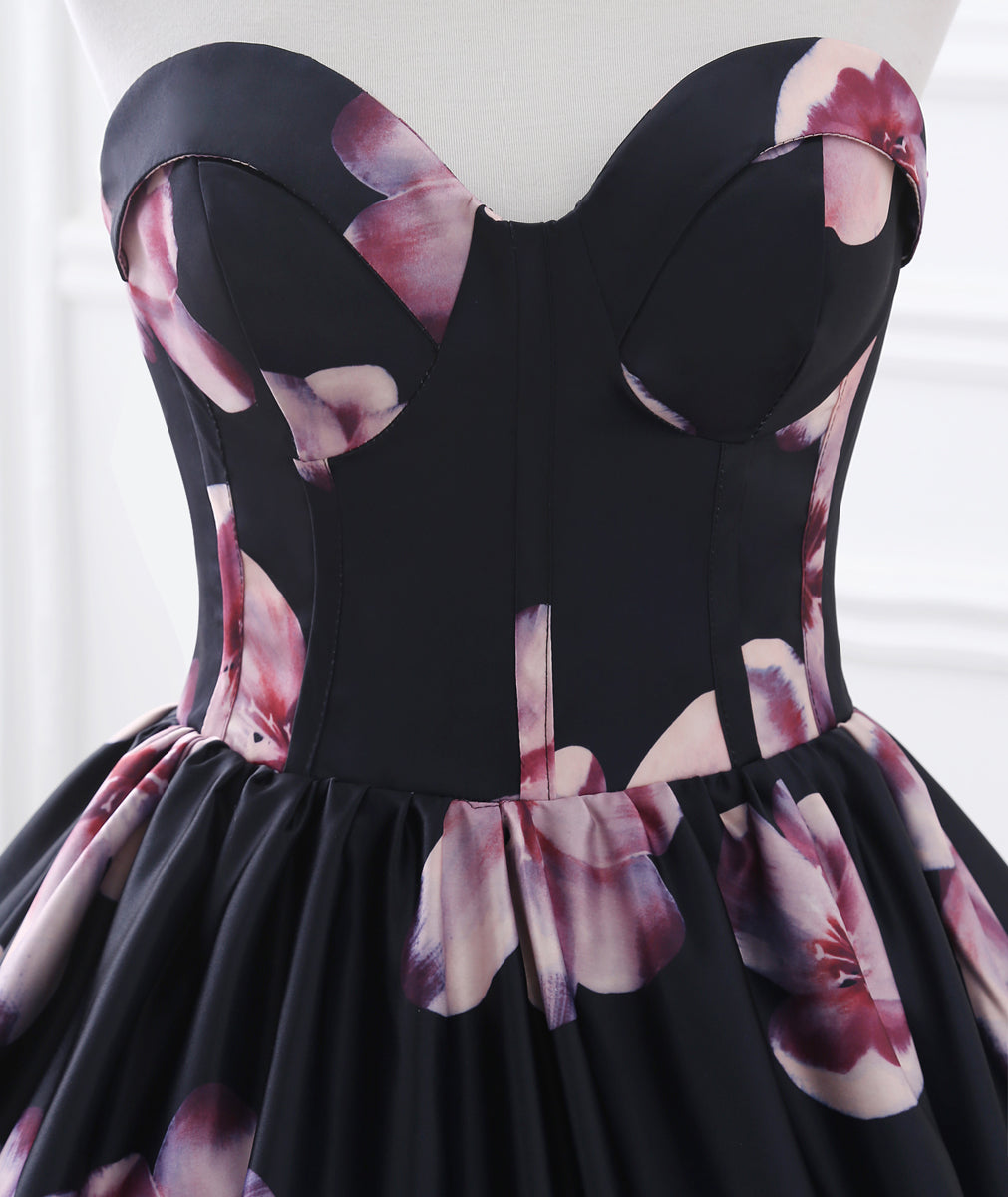 72-Hour Dispatch Black Satin Floral Strapless Ball Gown Lace-up Prom Dress