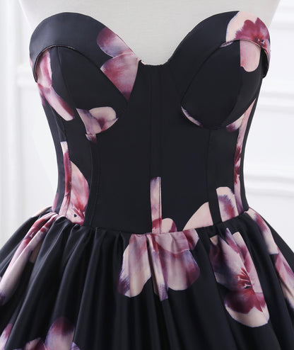 72-Hour Dispatch Black Satin Floral Strapless Ball Gown Lace-up Prom Dress