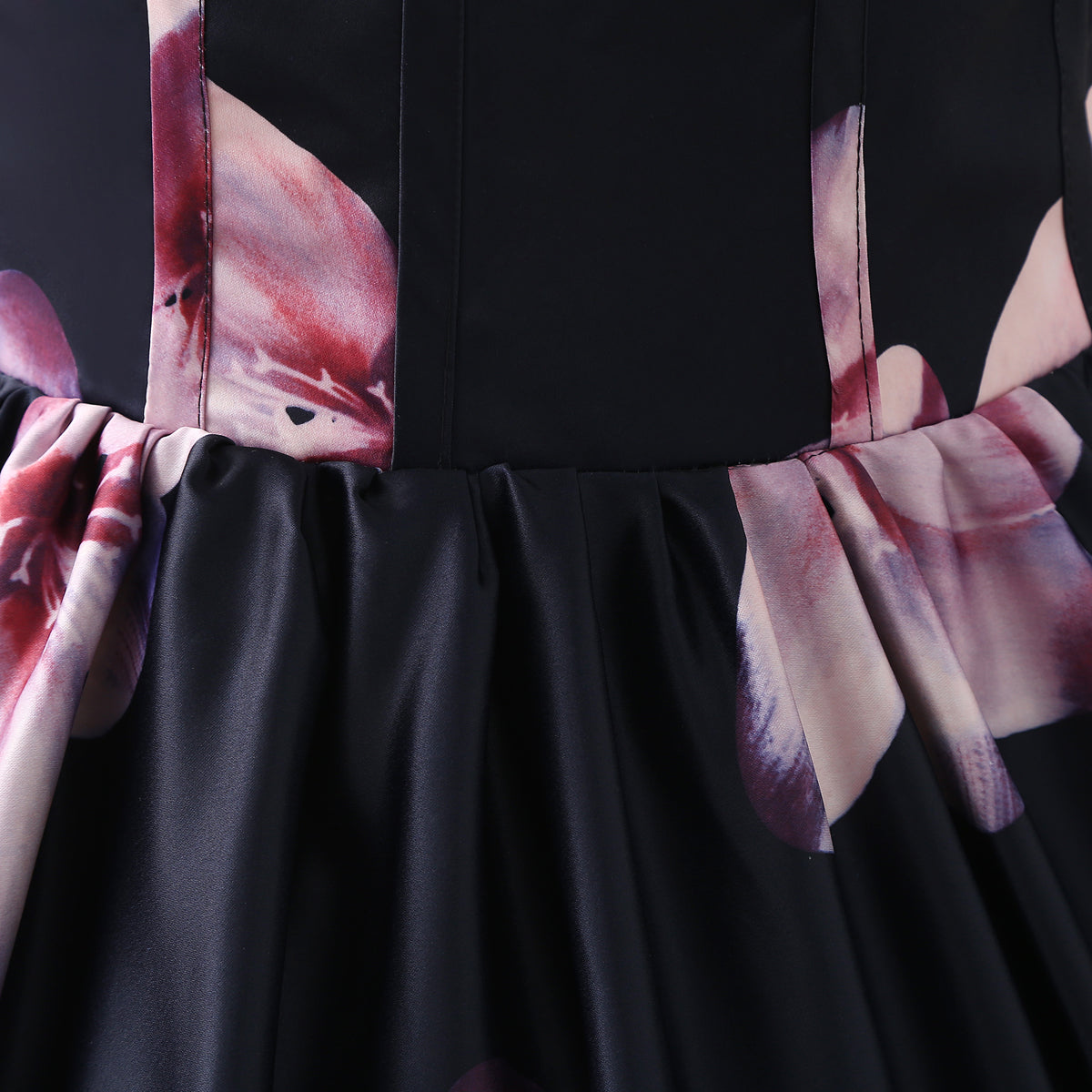 72-Hour Dispatch Black Satin Floral Strapless Ball Gown Lace-up Prom Dress