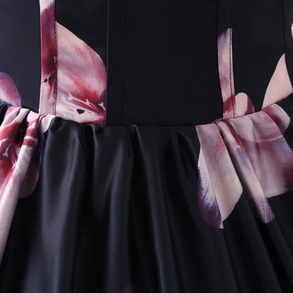 72-Hour Dispatch Black Satin Floral Strapless Ball Gown Lace-up Prom Dress
