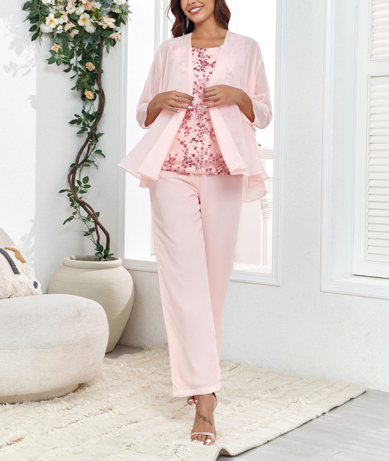 72-Hour Dispatch Blush Pink 3-Piece Chiffon Pantsuit with Sequin Top & Jacket