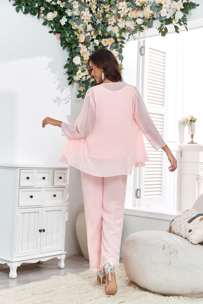 72-Hour Dispatch Blush Pink 3-Piece Chiffon Pantsuit with Sequin Top & Jacket