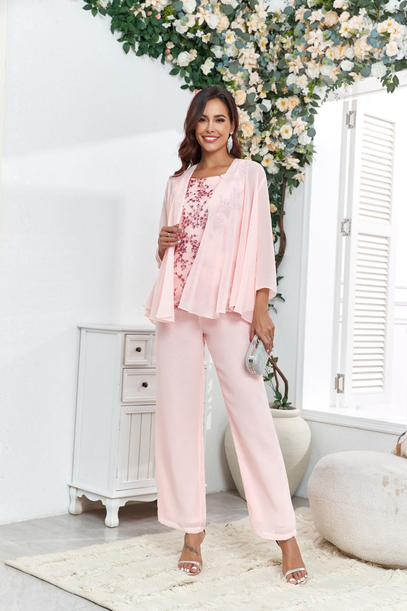72-Hour Dispatch Blush Pink 3-Piece Chiffon Pantsuit with Sequin Top & Jacket