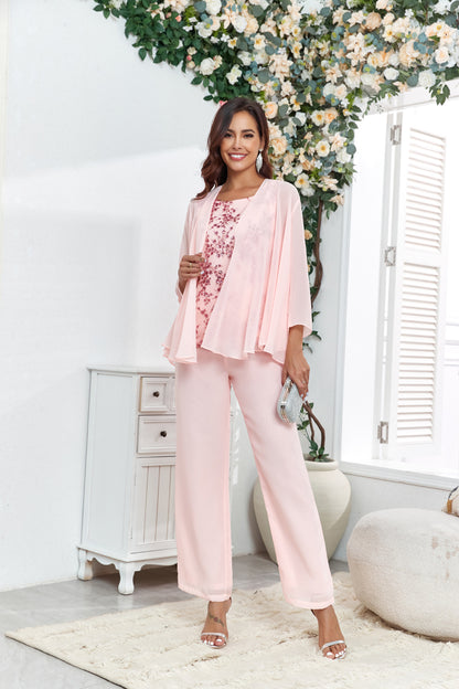 72-Hour Dispatch Blush Pink 3-Piece Chiffon Pantsuit with Sequin Top & Jacket