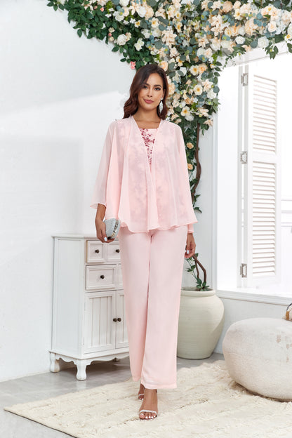 72-Hour Dispatch Blush Pink 3-Piece Chiffon Pantsuit with Sequin Top & Jacket