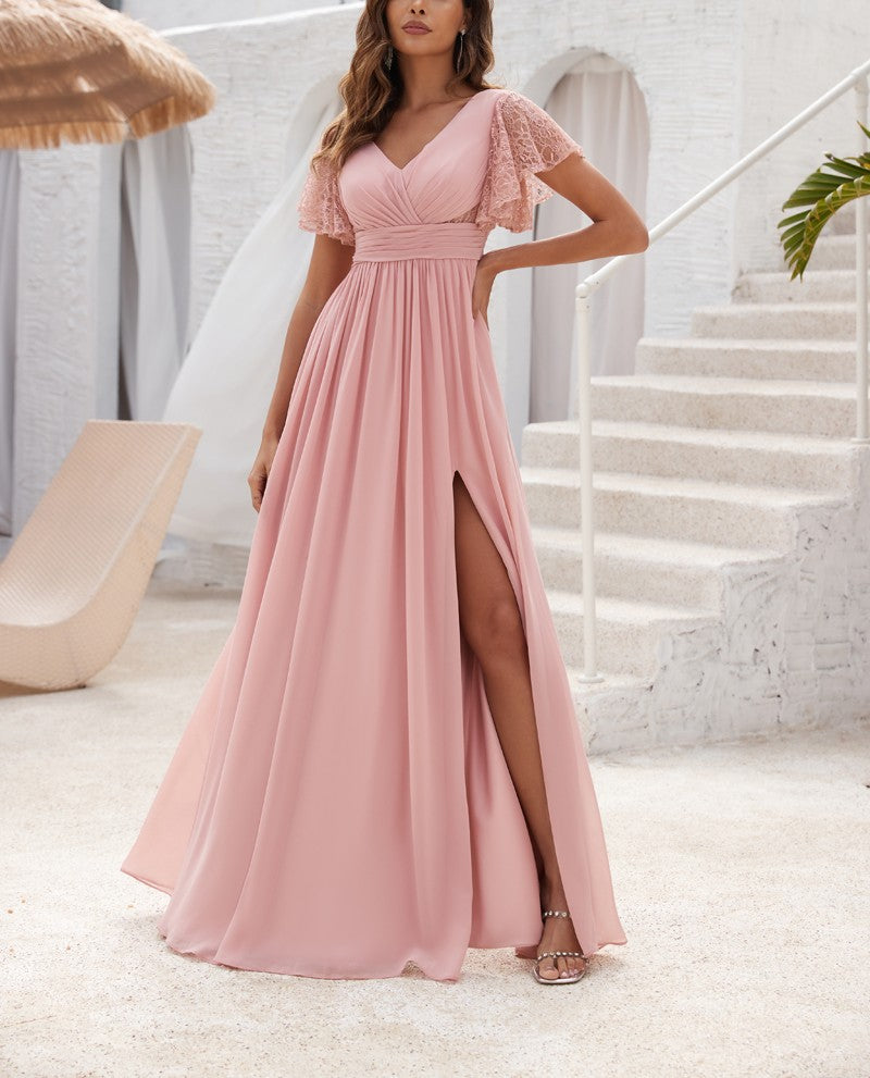 72-Hour Dispatch Blush Pink Flutter Sleeve Chiffon Bridesmaid Gown High Slit
