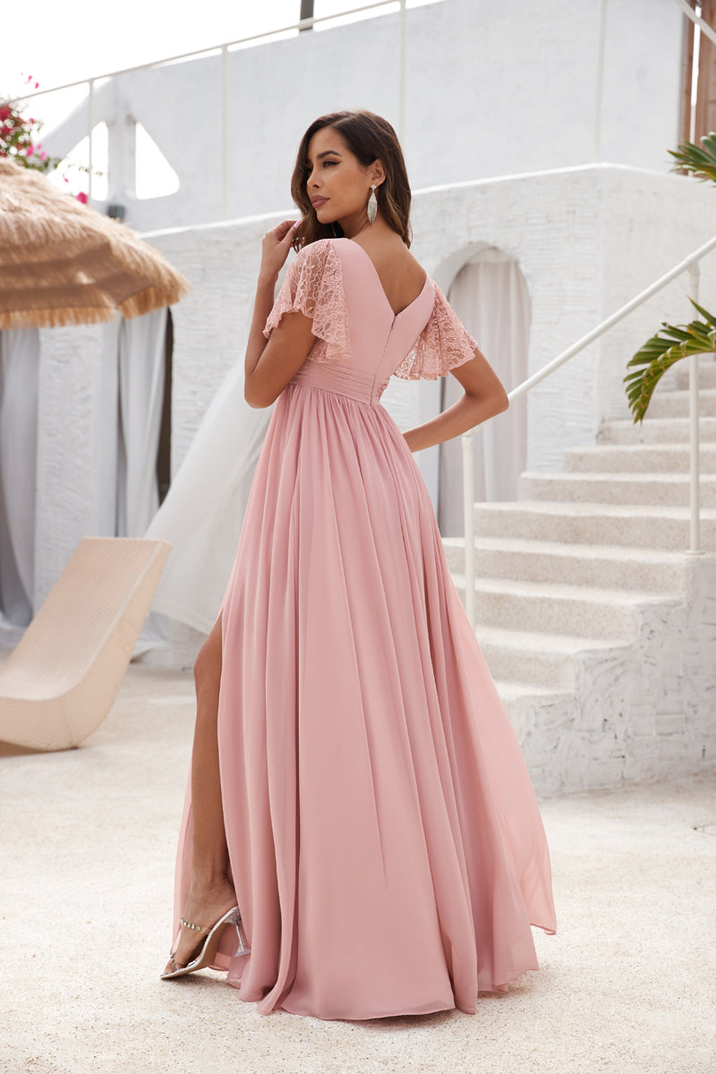 72-Hour Dispatch Blush Pink Flutter Sleeve Chiffon Bridesmaid Gown High Slit