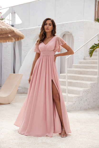 72-Hour Dispatch Blush Pink Flutter Sleeve Chiffon Bridesmaid Gown High Slit