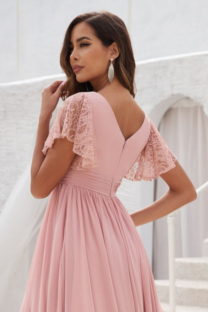 72-Hour Dispatch Blush Pink Flutter Sleeve Chiffon Bridesmaid Gown High Slit