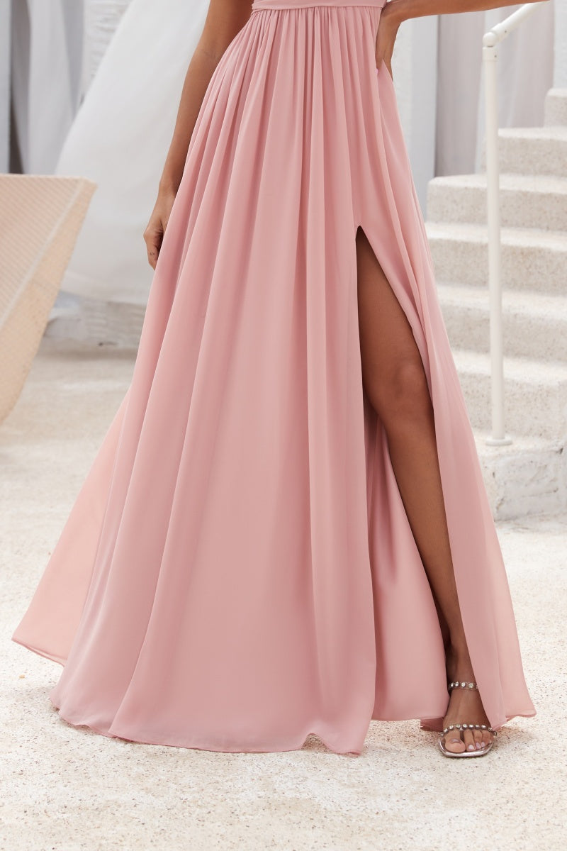 72-Hour Dispatch Blush Pink Flutter Sleeve Chiffon Bridesmaid Gown High Slit