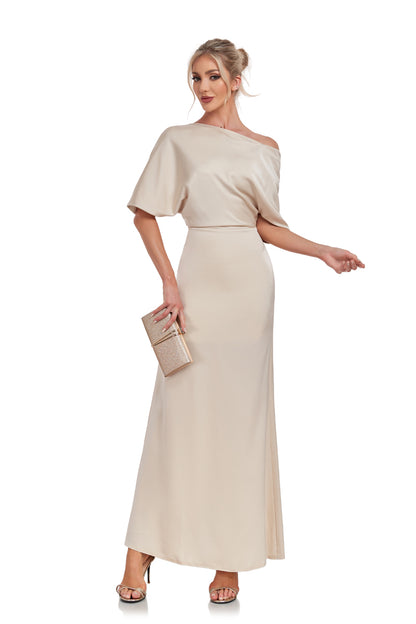 72-Hour Dispatch Champagne Asymmetrical Satin Maxi Dress Short Sleeve Formal Gown