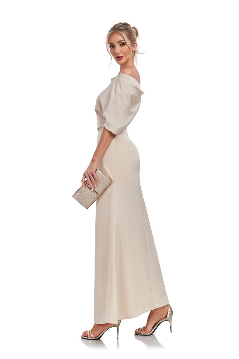 72-Hour Dispatch Champagne Asymmetrical Satin Maxi Dress Short Sleeve Formal Gown