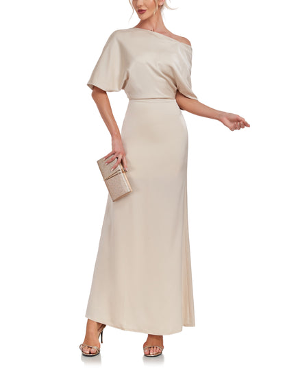 72-Hour Dispatch Champagne Asymmetrical Satin Maxi Dress Short Sleeve Formal Gown