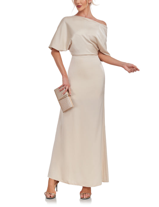 72-Hour Dispatch Champagne Asymmetrical Satin Maxi Dress Short Sleeve Formal Gown