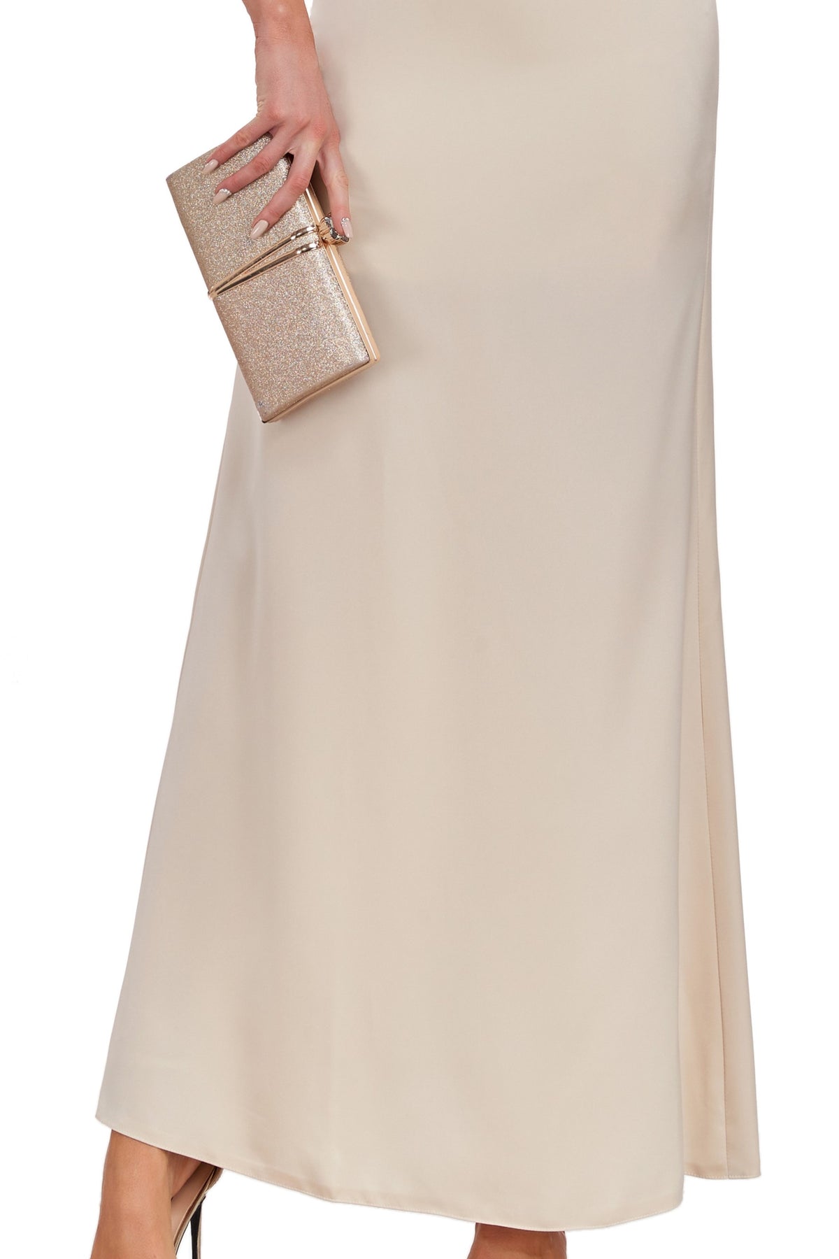 72-Hour Dispatch Champagne Asymmetrical Satin Maxi Dress Short Sleeve Formal Gown