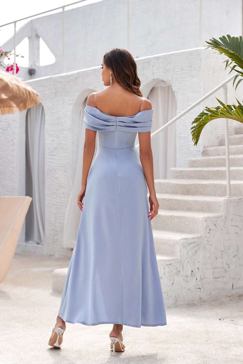 72-Hour Dispatch Dusty Blue Off-Shoulder Satin Midi Dress High Slit