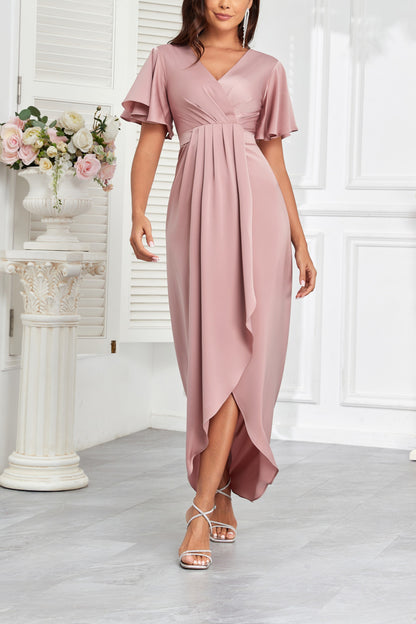 72-Hour Dispatch Mauve Satin Midi Dress V-Neck Flutter Sleeve