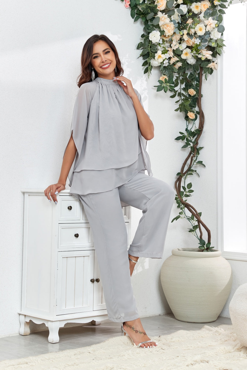 72-Hour Dispatch Light Grey Chiffon 2-Piece Pantsuit