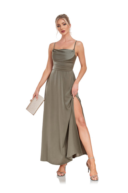 72-Hour Dispatch Olive Green Satin Maxi Dress High Slit
