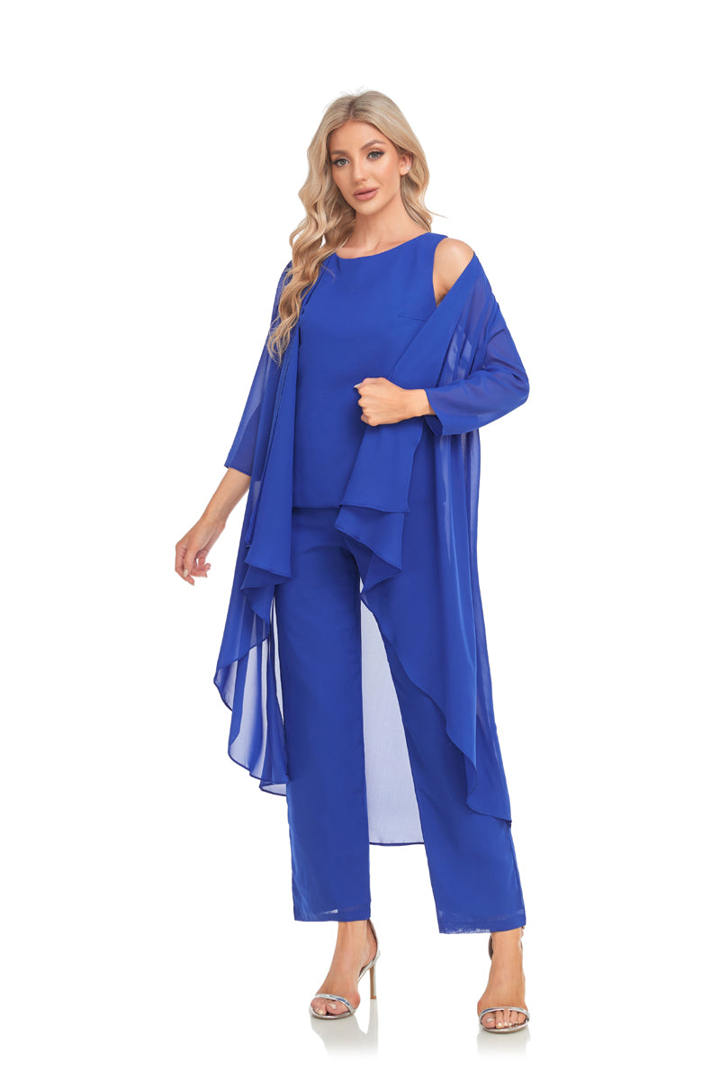72-Hour Dispatch Royal Blue Chiffon 3-Piece Pantsuit with Long Jacket