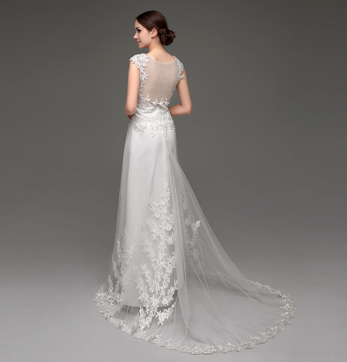 72‑Hour Dispatch Lace Appliqué Tulle Wedding Dress, V‑Neck Cap Sleeve Sheer Back Bridal Gown