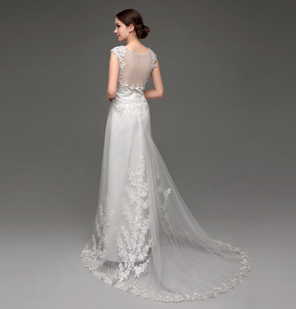 72‑Hour Dispatch Lace Appliqué Tulle Wedding Dress, V‑Neck Cap Sleeve Sheer Back Bridal Gown