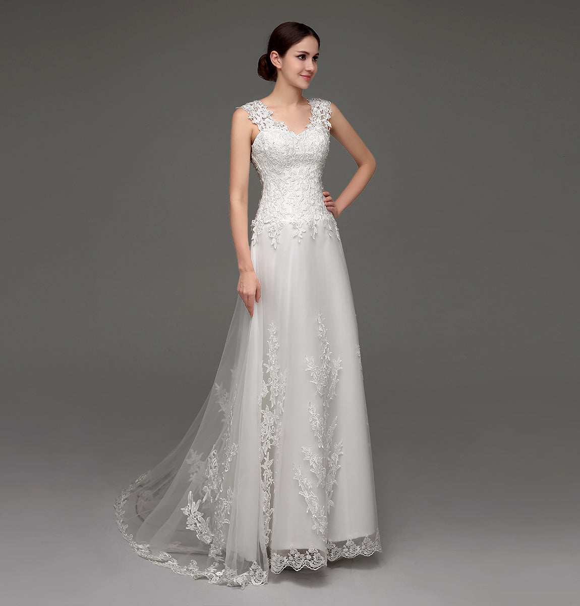 72‑Hour Dispatch Lace Appliqué Tulle Wedding Dress, V‑Neck Cap Sleeve Sheer Back Bridal Gown