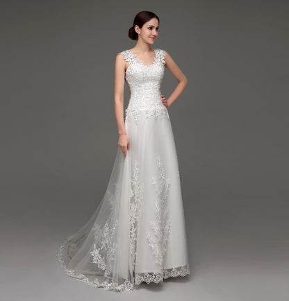 72‑Hour Dispatch Lace Appliqué Tulle Wedding Dress, V‑Neck Cap Sleeve Sheer Back Bridal Gown