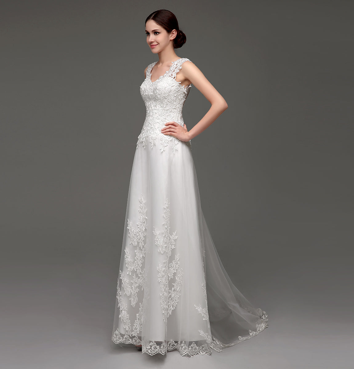 72‑Hour Dispatch Lace Appliqué Tulle Wedding Dress, V‑Neck Cap Sleeve Sheer Back Bridal Gown