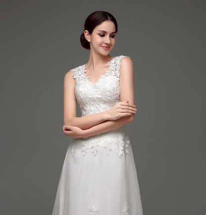 72‑Hour Dispatch Lace Appliqué Tulle Wedding Dress, V‑Neck Cap Sleeve Sheer Back Bridal Gown
