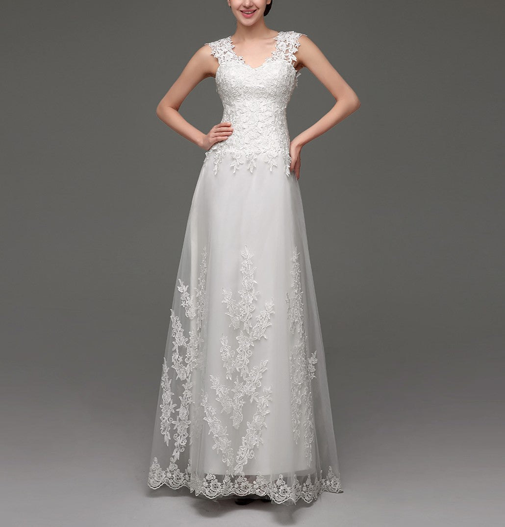 72‑Hour Dispatch Lace Appliqué Tulle Wedding Dress, V‑Neck Cap Sleeve Sheer Back Bridal Gown