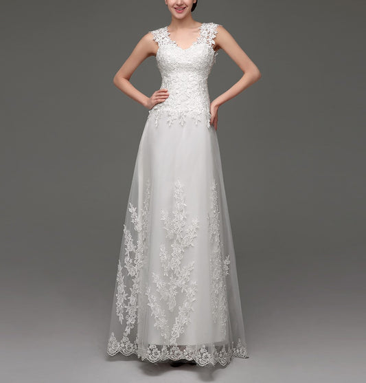 72‑Hour Dispatch Lace Appliqué Tulle Wedding Dress, V‑Neck Cap Sleeve Sheer Back Bridal Gown