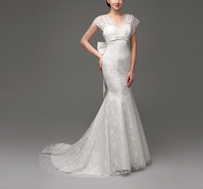 7‑Day Dispatch Cap Sleeve V‑Neck Full Lace Mermaid Wedding Dress Beaded Sash with Back Bow Bridal Gown