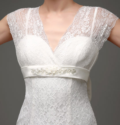7‑Day Dispatch Cap Sleeve V‑Neck Full Lace Mermaid Wedding Dress Beaded Sash with Back Bow Bridal Gown
